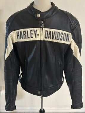 Harley-Davidson LIKE NEW, Black & Cream Leather Riding Jacket, 2XL Motorcycle